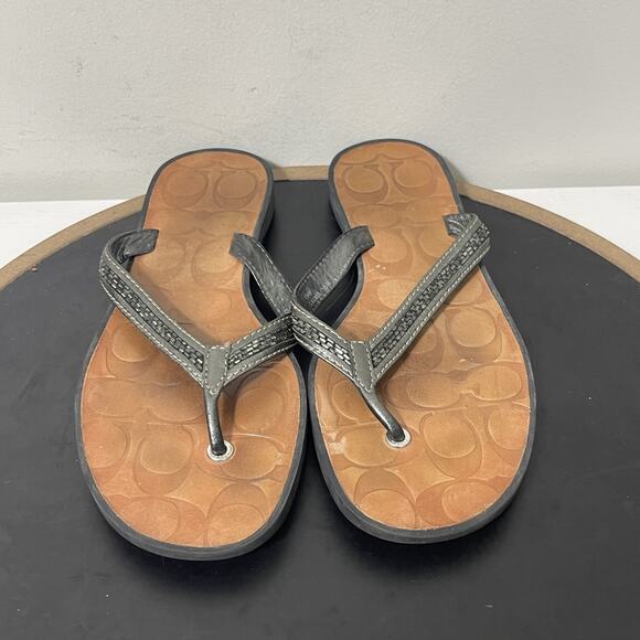 Coach Laurel Flip Flop Sandals Womens Size 7.5M Brown Black Logo Casual Beach - Picture 3 of 8